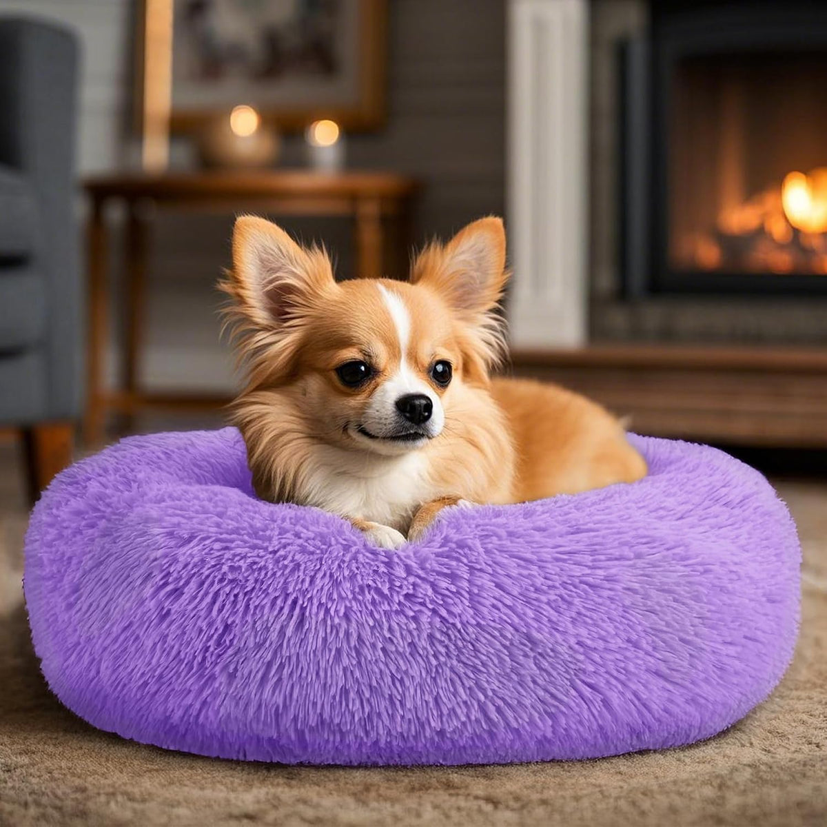 Dogs Bed for Small Dogs, Anti-Anxiety Washable Round Bed (24in Purple)
