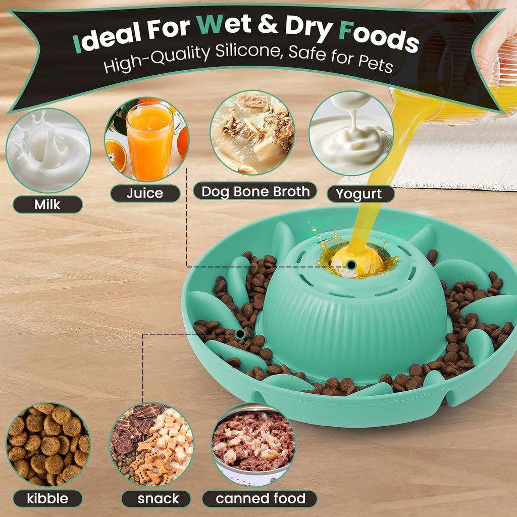 PUPPYGANG 2-in-1 Slow Feeder Dog Bowl & Dog Lick Bowl for Medium Large Dogs, Silicone Puzzle Feeder with Removable Lick Ball, Suction Base Bowl for Kibble, Wet Food, Yogurt & Peanut Butter (Green)