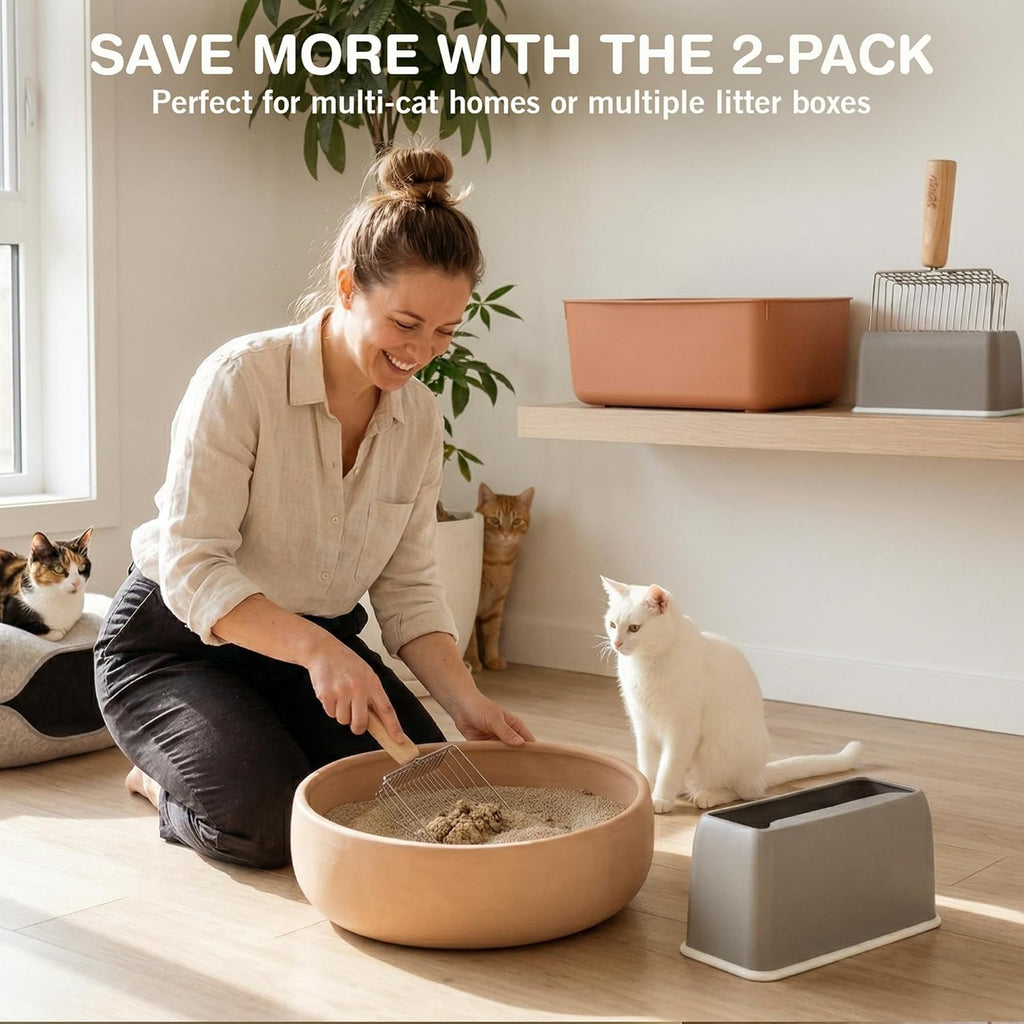 Sprinkle & Sweep: Litter Box Speed Sifter- 2 Pack - Metal Scoop, Comfortable Wood Grip, Washable Stand, Efficient Cleaning, Cat & Pet Maintenance