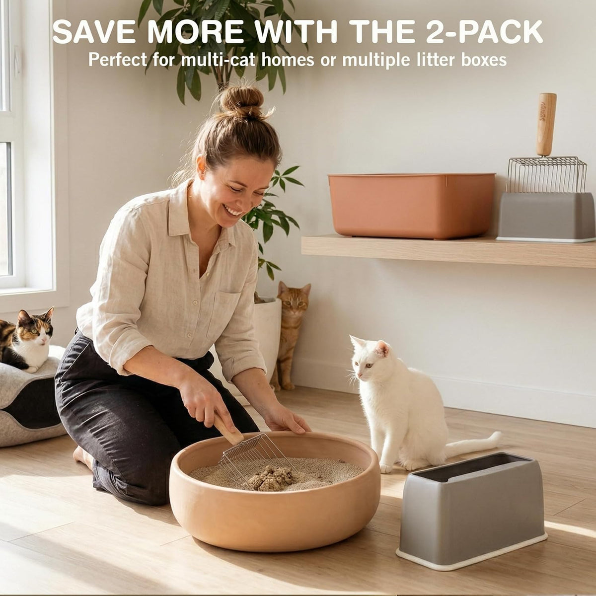 Sprinkle & Sweep: Litter Box Speed Sifter- 2 Pack - Metal Scoop, Comfortable Wood Grip, Washable Stand, Efficient Cleaning, Cat & Pet Maintenance
