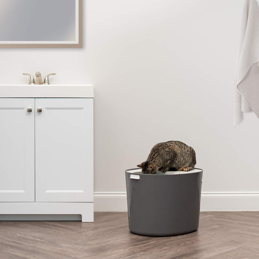 IRIS USA Large Top Entry Cat Litter Box, Hooded Privacy, Dark Gray/White | Dog-Free Zone, Enclosed Top Access, Dog Proof Pan, Mess Containment System, Odor Trapping, Reduced Tracking