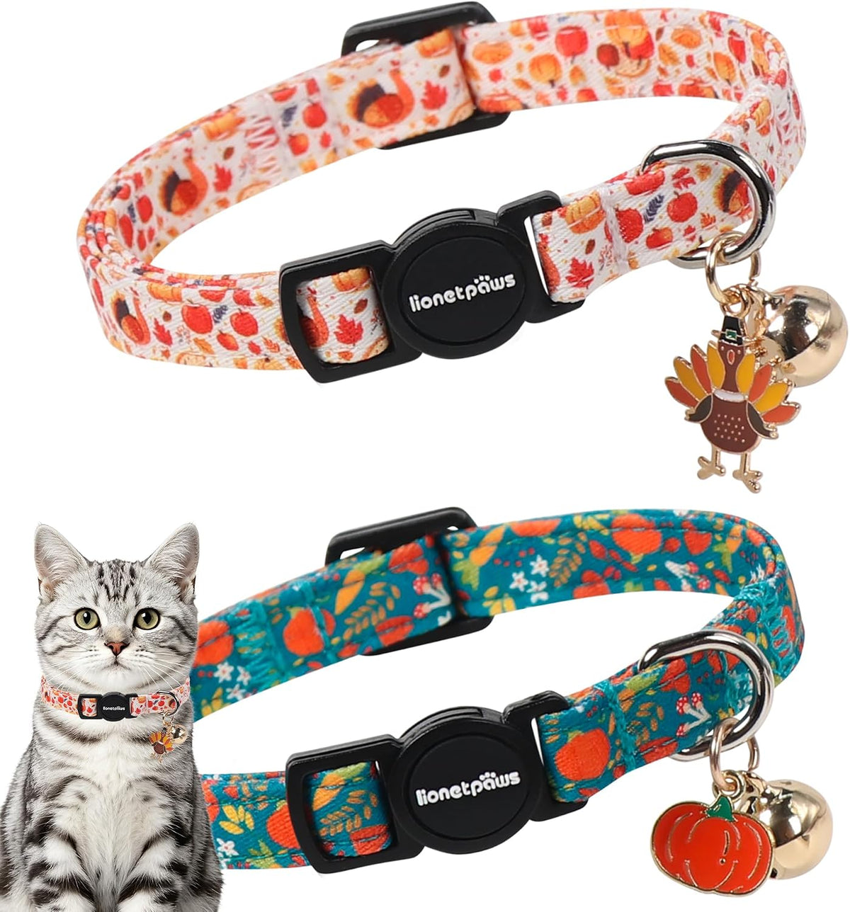 lionet paws 2 Pack Cat Collar Breakaway with Bells-Fall Teal Pumpkin Turkey