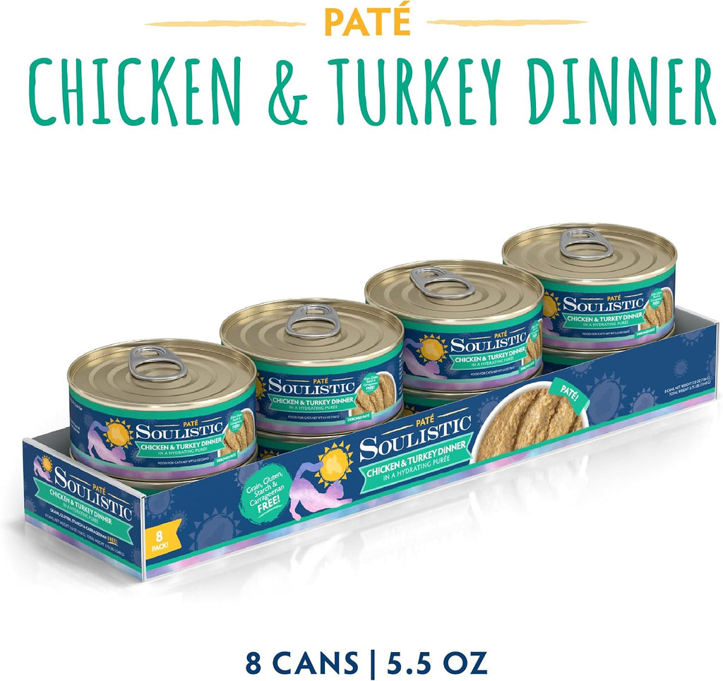 Soulistic Paté Wet Cat Food, Chicken and Turkey Dinner in a Hydrating Purée, 5.5oz Can, Pack of 8