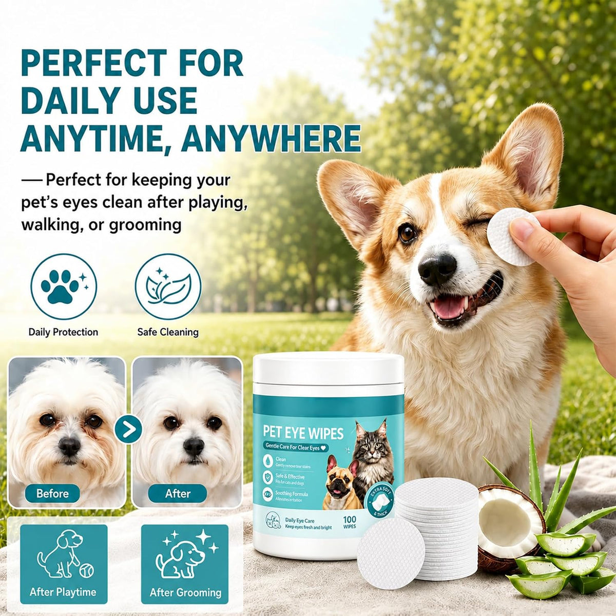 2Pcs Pets Eye Wipes,Eye Defense Wipes,Tear Stain Remover for Pet,Gentle Textured Eyes Area Wipes with Aloe Vera and Chamomile for Eye Dirt,Daily Cleaning Wipe