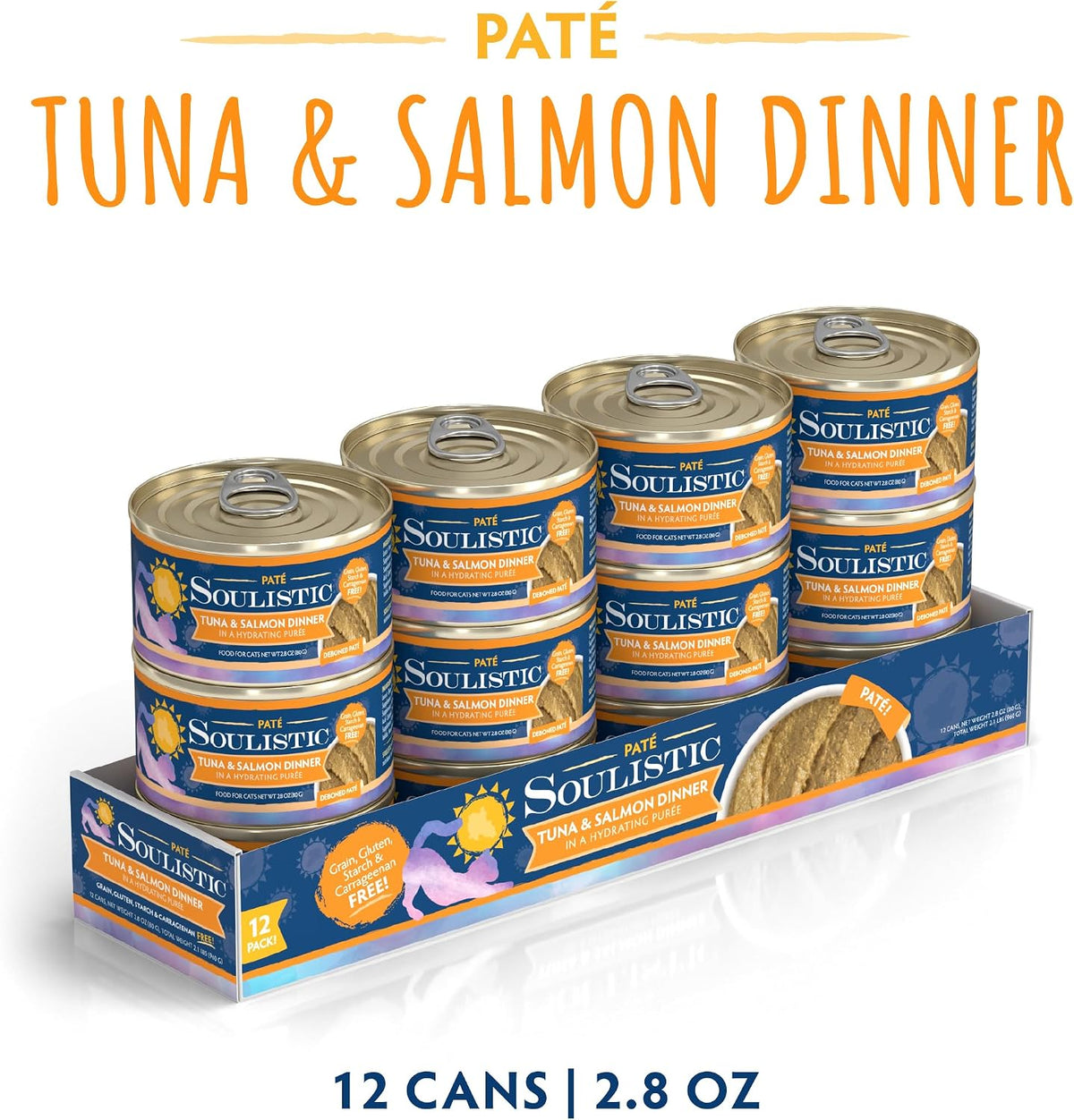 Soulistic Paté Wet Cat Food, Tuna and Salmon Dinner in a Hydrating Purée, 2.8oz Can, Pack of 12