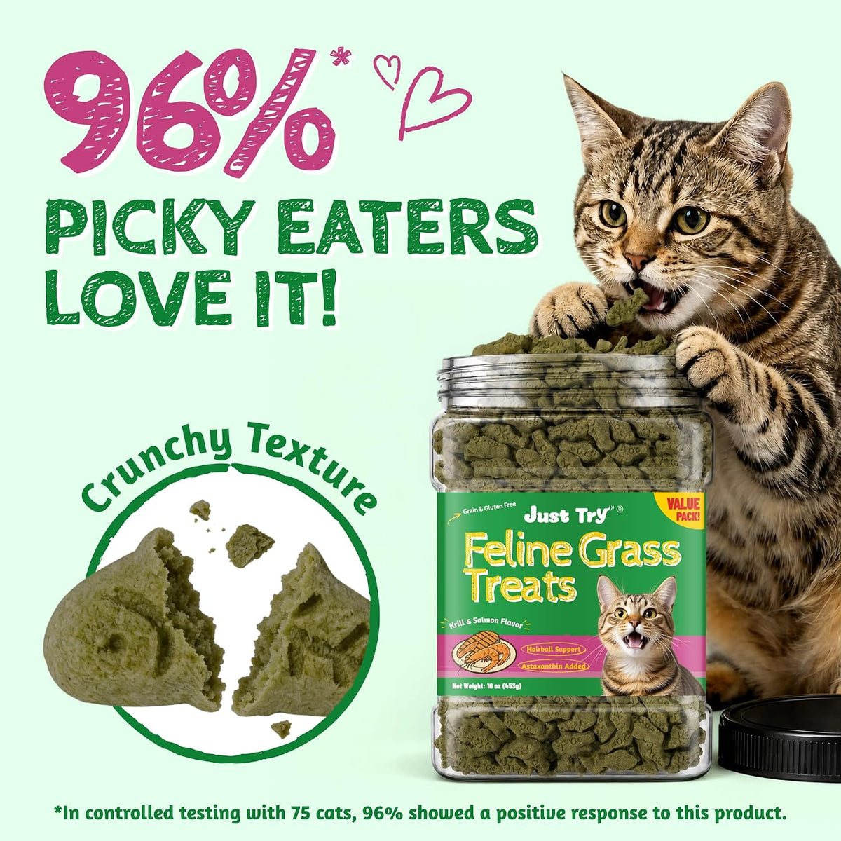 Just Try 16oz Feline Grass Treats AntarcticKrill Flavor Cat Hairball Treats