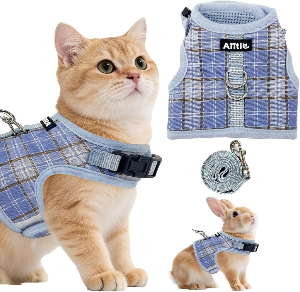 AIITLE Plaid Adjustable Cat Harness and Leash Set Escape Proof, Blue L