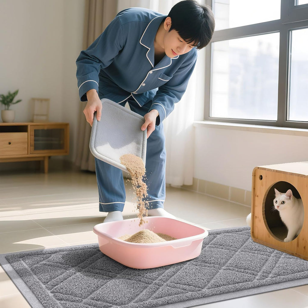 Smiry Cat Litter Box Mat 47x32, Non-Slip Water Resistant Litter Trapping Mat, Easy Clean Less Waste and Urine-Locking Cat Carpet for Indoor, Grey