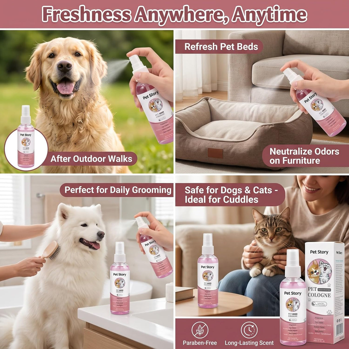 Dog Cologne Spray for Dogs & Cats, Strawberry Vanilla Pet Perfume Spray, Long Lasting Pet Odor Eliminator & Fresh Deodorizer Spray for Coat Care, 3.4 Fl Oz