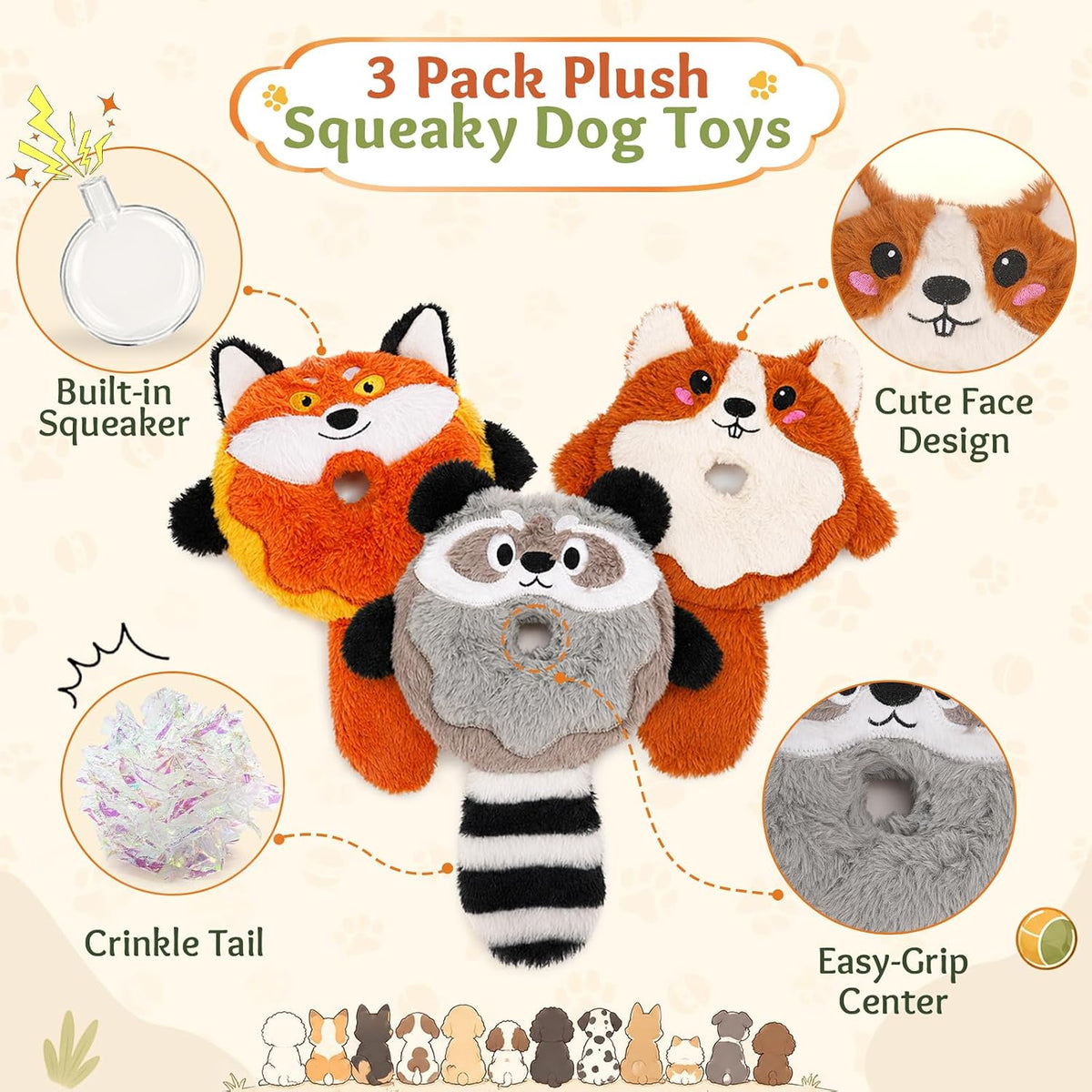 3-Pack Plush Squeaky Dog Toys with Crinkle Tails | Easy-Grip Open Center and Lightweight Design for Carrying, Shaking and Fetch, for Small Dogs & Puppies