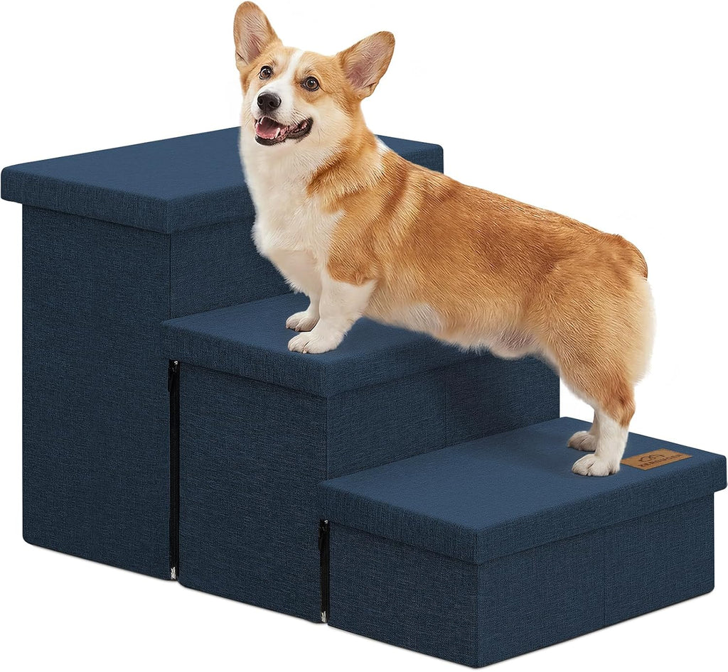 Zerbuger Dog Stairs with Storage, Navy Blue 3 Steps Dog Ramp no Condo