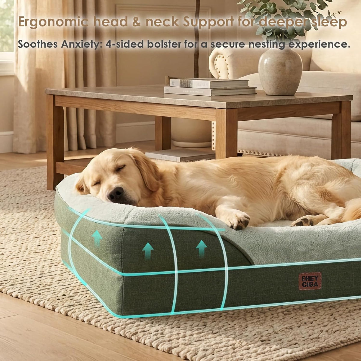 EHEYCIGA Orthopedic Dog Bed for Large Sized Dog, 45x35 Inch Large Memory Foam Dog Couch Bed with Sides, Waterproof Liner & Washable Removable Cover, Bolster Pet Sofa, Green
