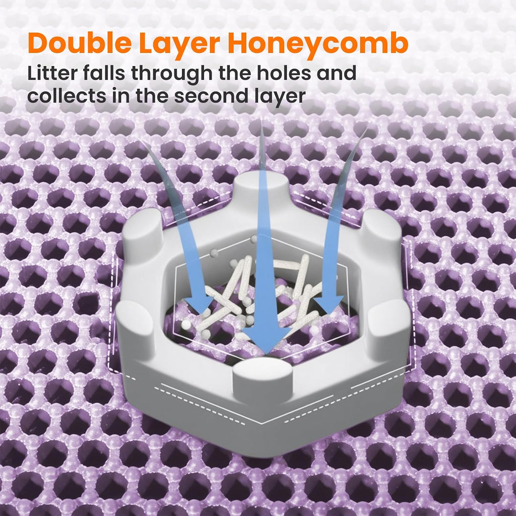 Extra Large Cat Litter Mat, Double Layer Honeycomb Design | 30x22”, Reduces Litter Tracking, Easy to Clean, Waterproof, Non-Slip, Soft on Paws, Scratch Resistant, Purple, XL