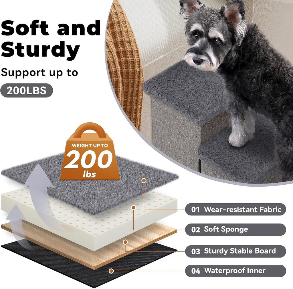Zerbuger Dog Stairs with Storage, Grey Furry Lids 3 Steps Dog Ramp no Condo