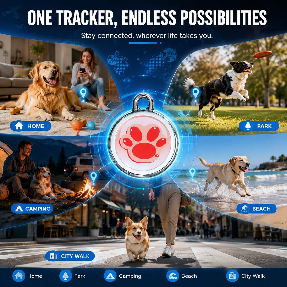 GPS Tracker for Dogs, Smart Pet Tracker Collar, Real-Time Location Tracking, Pet Location Tracker, No Monthly Fee, No SIM Card, IP68 Waterproof, History Log, Audible Alerts, iOS & Android Compatible