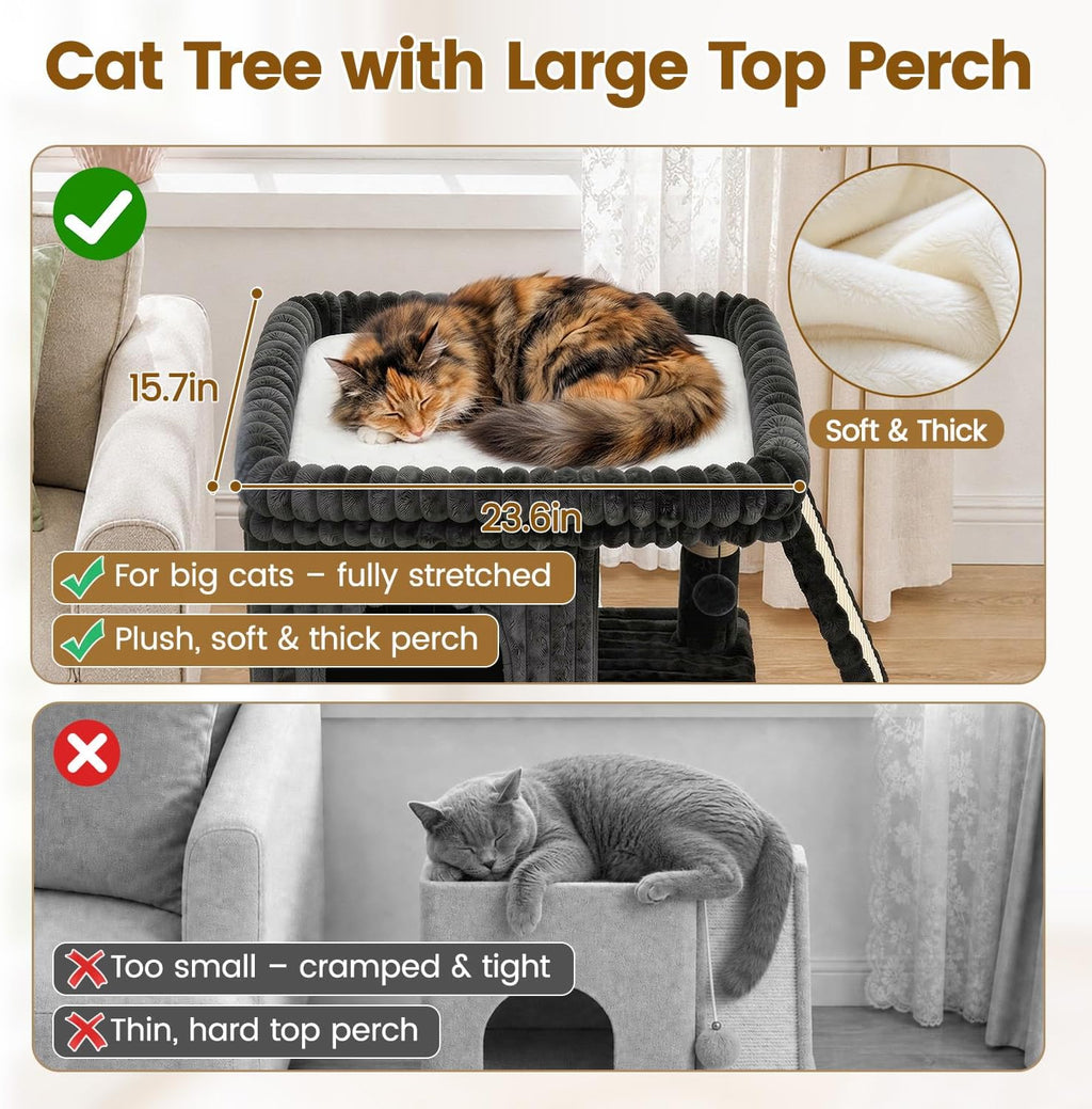 Cat Tree Tower with Scratching Post for Large Kitty, Gray Ribbed