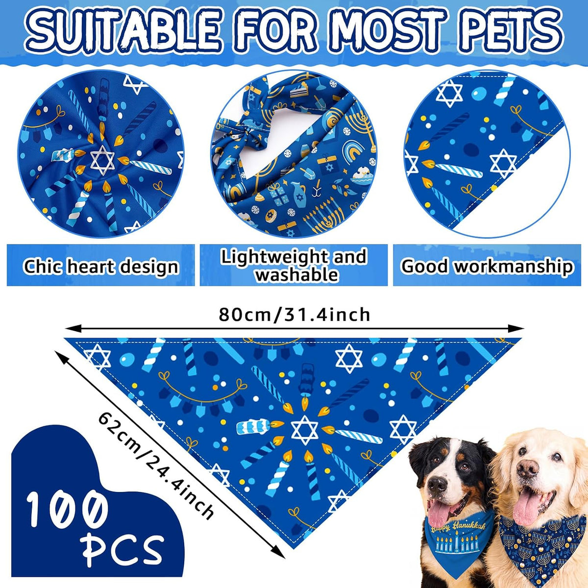 Huhumy 100 Pcs Hanukkah Dog Bandanas Bulk Bandana for Dogs Hanukkah Decor