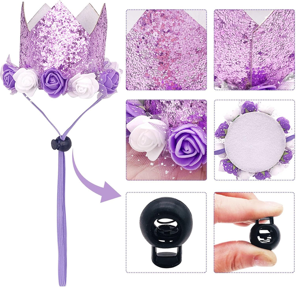 PET SHOW Purple Crown Dog Birthday Party Hat for Girls Reusable Party Supplies Cat Kitten Headband with 0-9 Figures Charms Costume Accessories with Glue