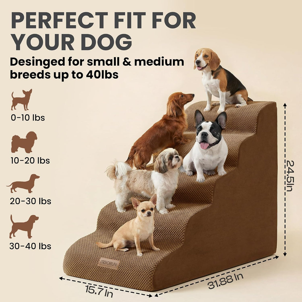Miorun Dog Stairs for High Beds, 24.5" Foam Pet Ramp Step for Small Dogs