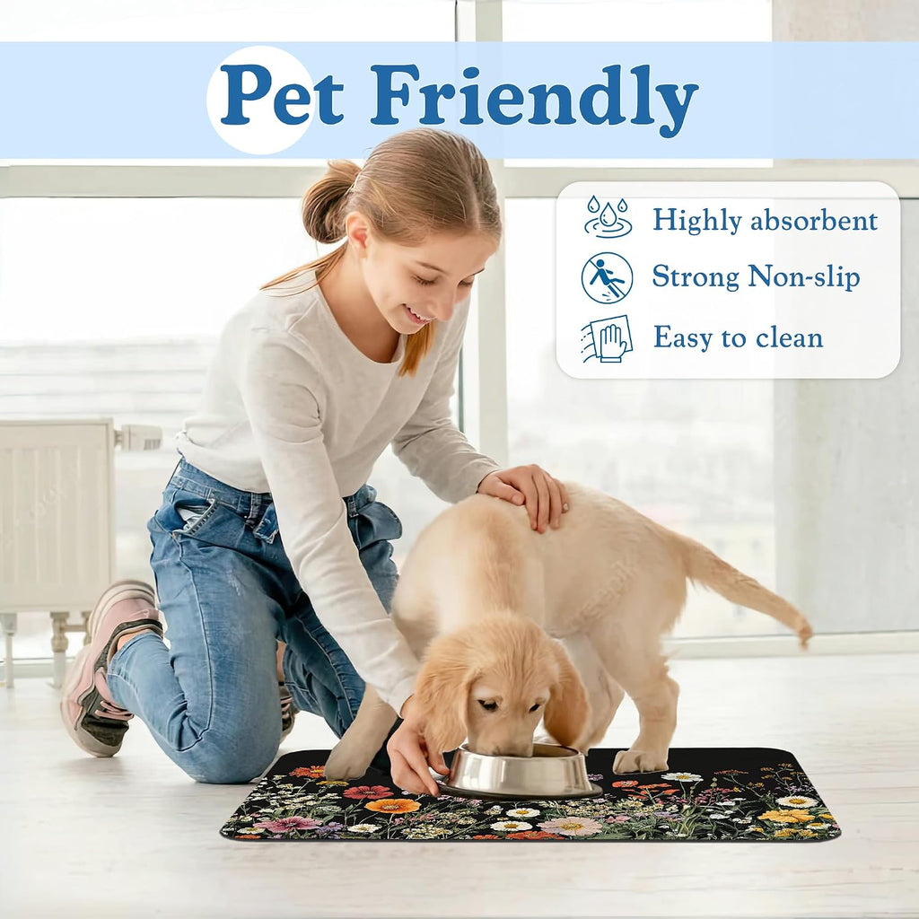 Vintage Wild Herbs Dog Cat Food Mat–Absorbent Waterproof Placemat for Food and Water Bowls, Non Slip Rubber Backing, Feeding Mat for Clean Floors 12"x20"