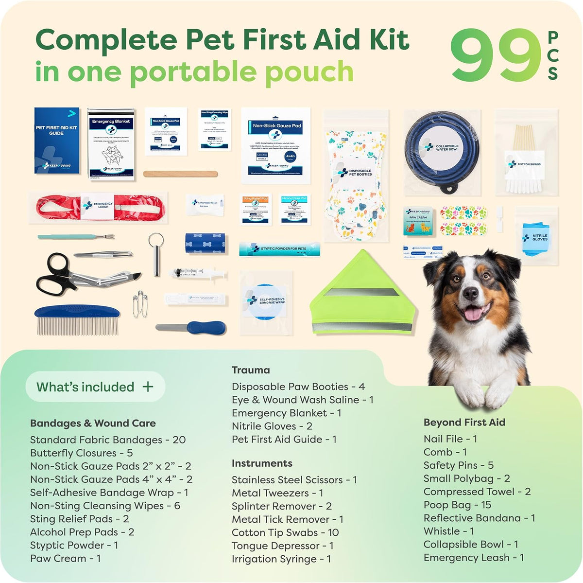 KeepGoing Pet First Aid Kit for Dogs & Cats, 99 Pc. Travel Emergency Kit