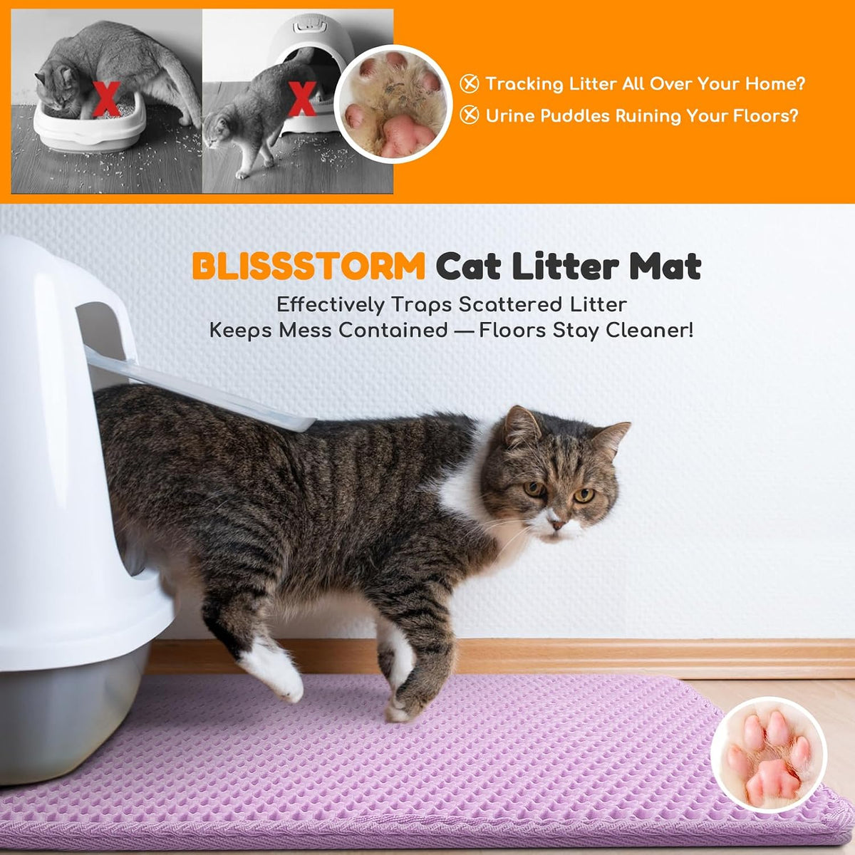 Cat Litter Mat 35"x24",Double Layer EVA Litterbox Mat Purple | Extra Large Honeycomb, Waterproof & non-slip, Odor-free, easy clean, washable durable floor protector,scatter control