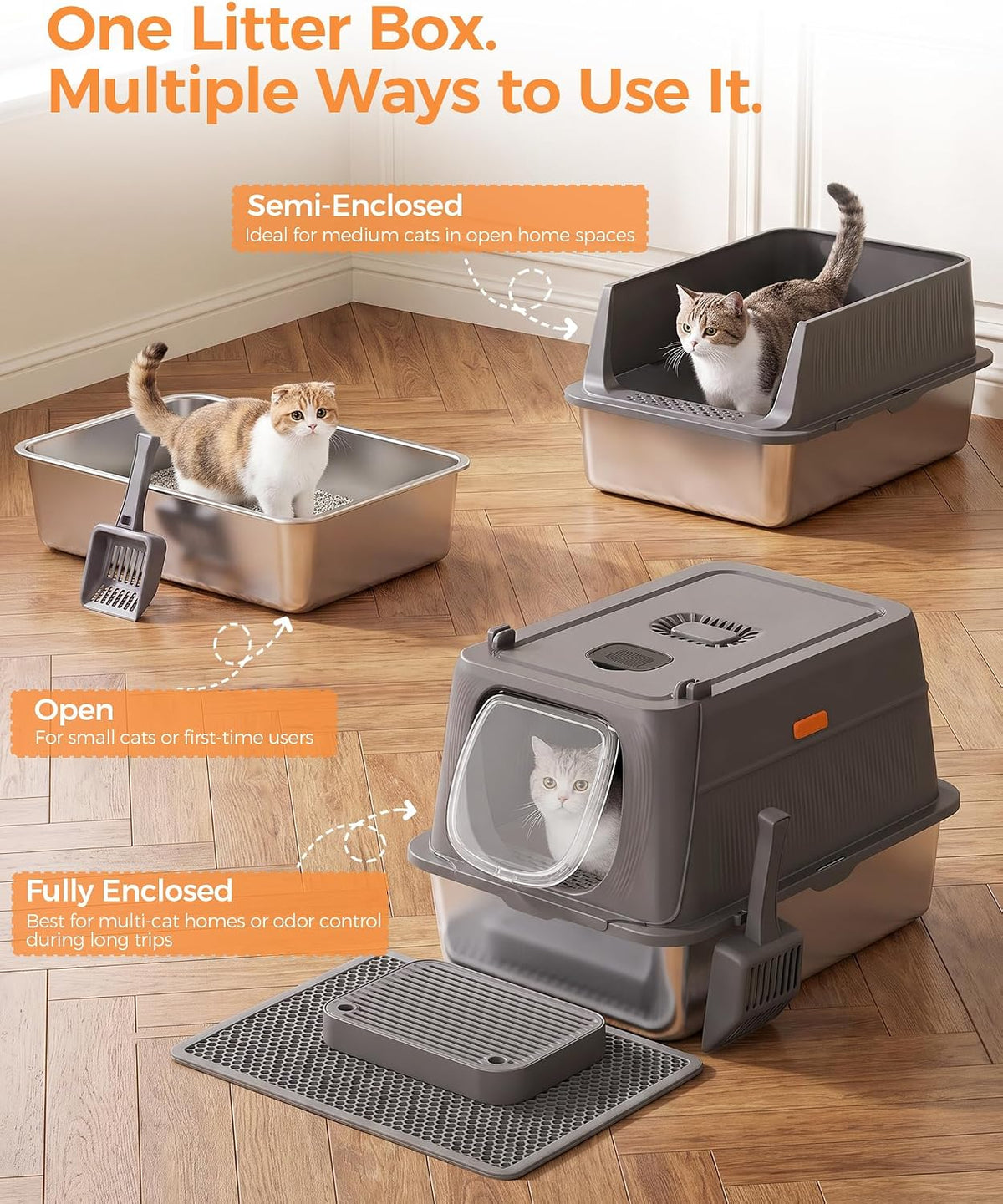 GTPLAYER XL Stainless Steel Cat Litter Box with Lid, High Sided Enclosed Cat Litter Box, Activated Carbon Odor Control, Extra Large Metal Litter Box, Anti-Leak, with Mat & Step, Gray