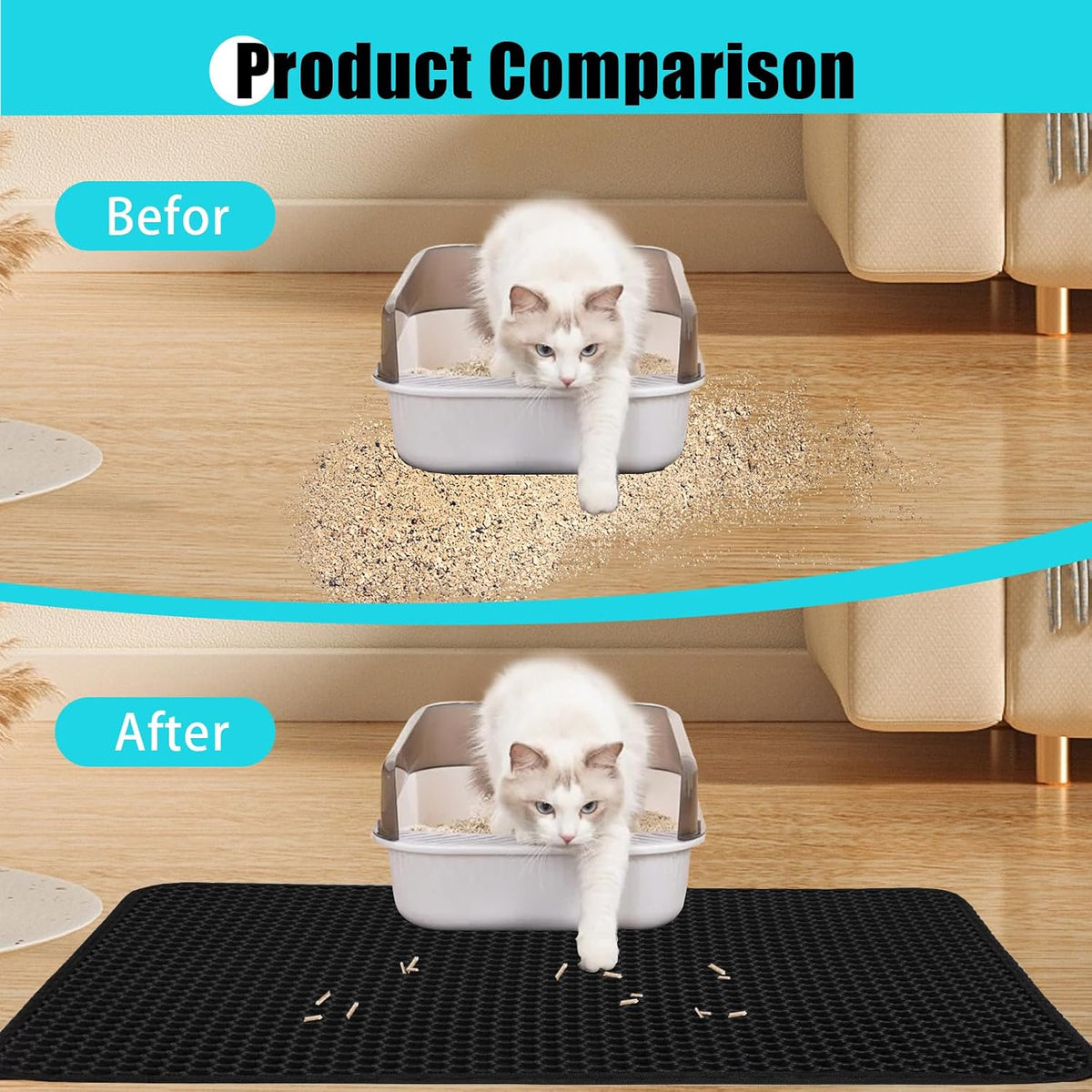 Cat Litter Mat 35"x24", Double Layer Waterproof Litterbox Mat, Black | Non-slip backing, washable for easy cleanup, traps stray litter with waterproof honeycomb large grid that is urine-proof