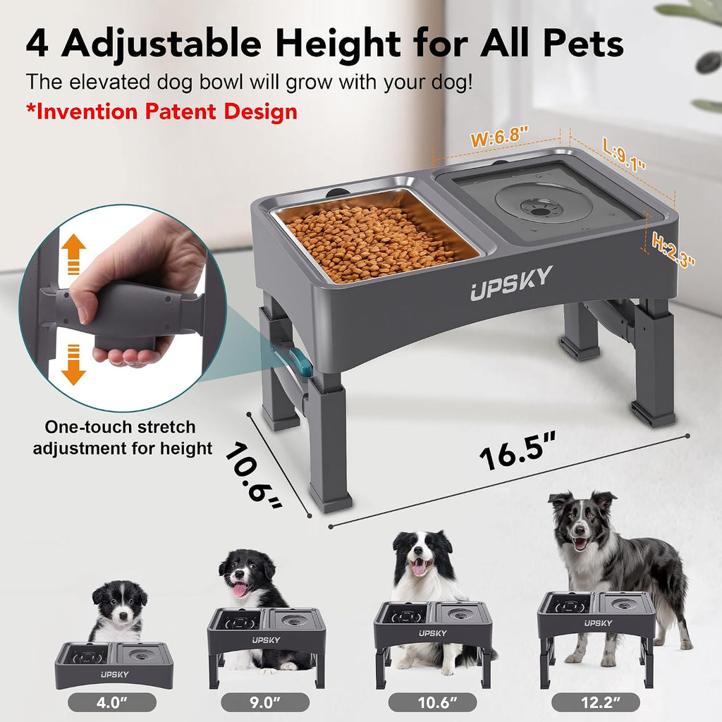UPSKY 3-in-1 Elevated Dog Bowls Set with 4 Height Adjustable Stand, Gray
