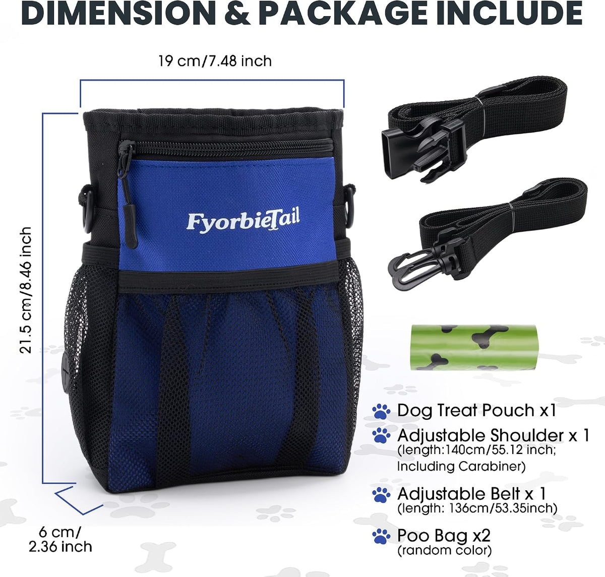 Dog Treat Pouch, 4 Cup Training Bag, Magnetic Closure, 3 Way Wear, Blue