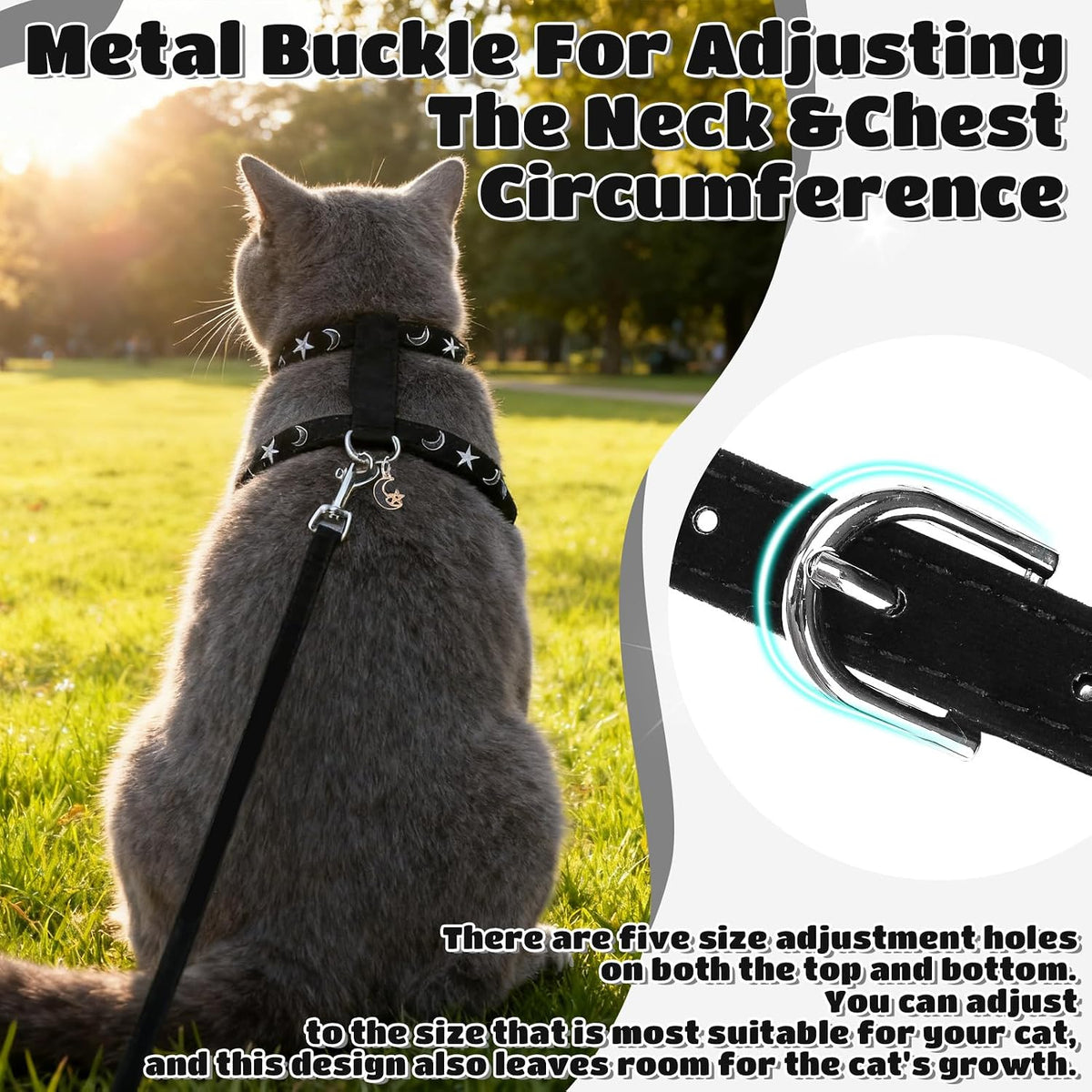 EXPAWLORER Cat Harness and Leash Set - Escape Proof Adjustable Cat Harness, H-shped Comfortable Soft Lightweight Kitten Harness for Outdoor Walking, for Small Medium Cats,Star-Moon M