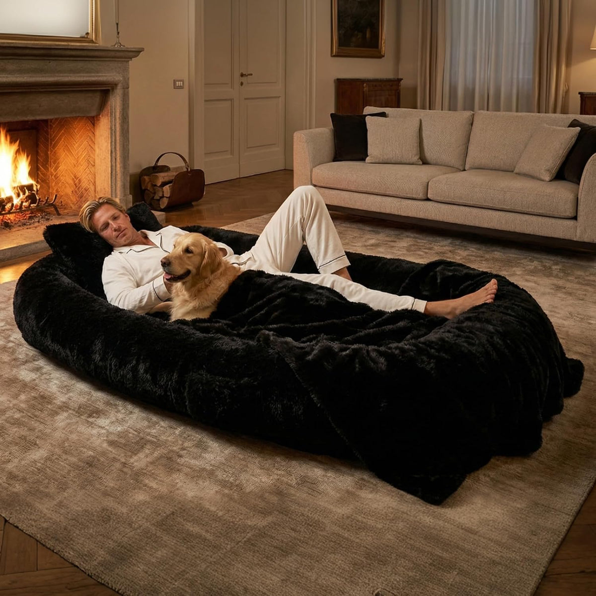 Human Dog Bed, Oversized Plush Lounger Bed with Plump Pillow and Blanket
