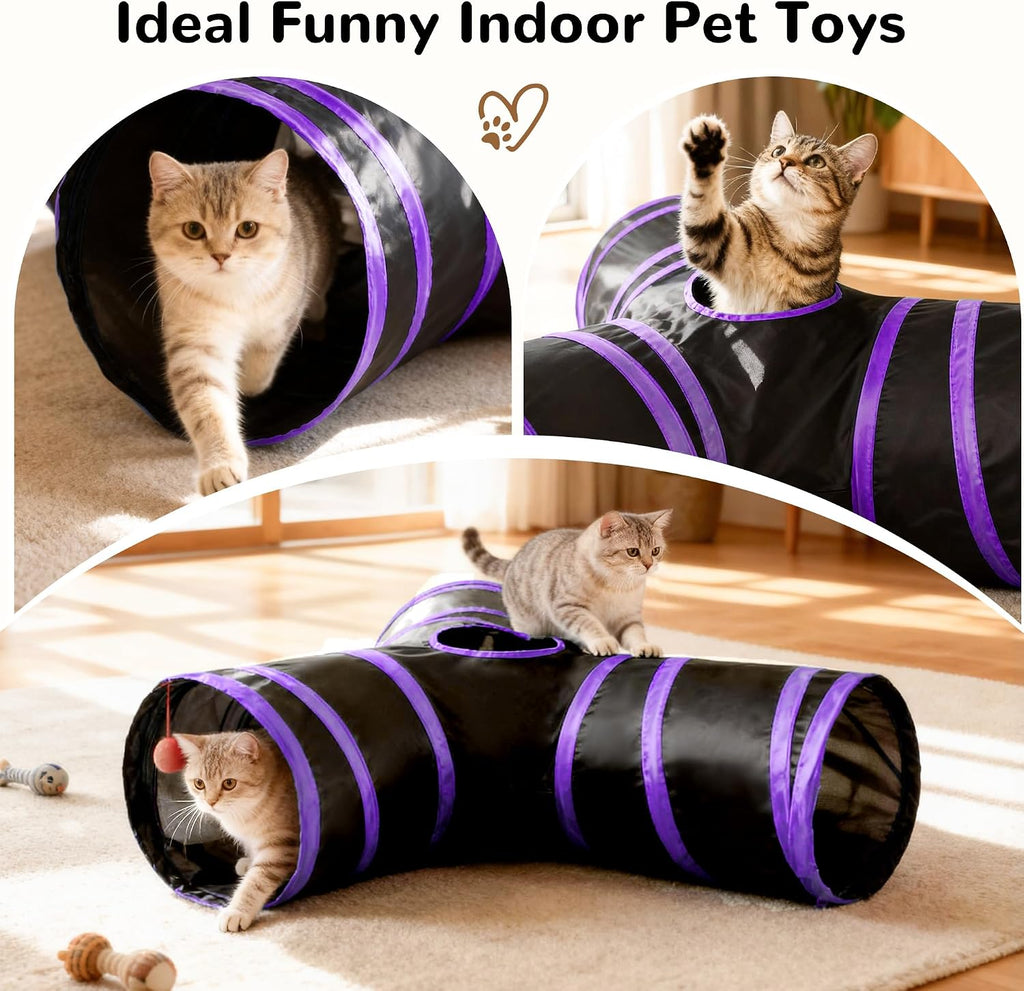 Tempcore Cat Tunnel, 3-Way Collapsible Toy, Large Size Black & Purple | Large Size 3-Way Cat Tunnel Provides More Room for Cats to Run, Hide and Chase, with Peek Holes, Hanging Ball and Teaser Wand