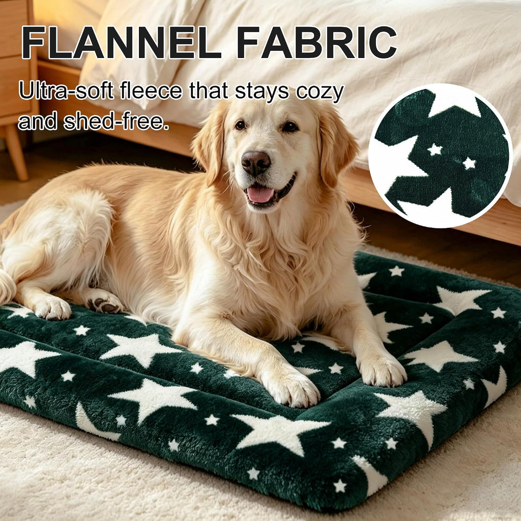 Dog Bed Mat, Reversible Crate Pad & Durable Dog Bed - Machine Washable Kennel Mat with Ultra Soft for Large Dogs (Big&Small Stars Green, 35" L*23" W*1.5" Th)
