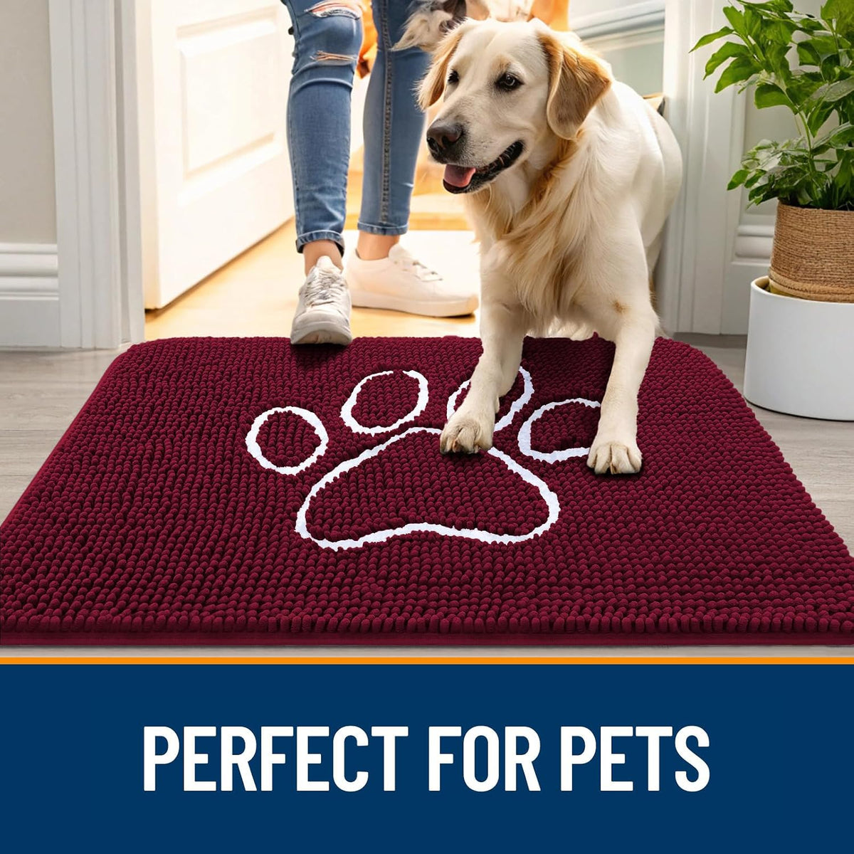 OLANLY Dog Door Mat for Muddy Paws 54x32, Paw Print Design Chenille Mud Mat
