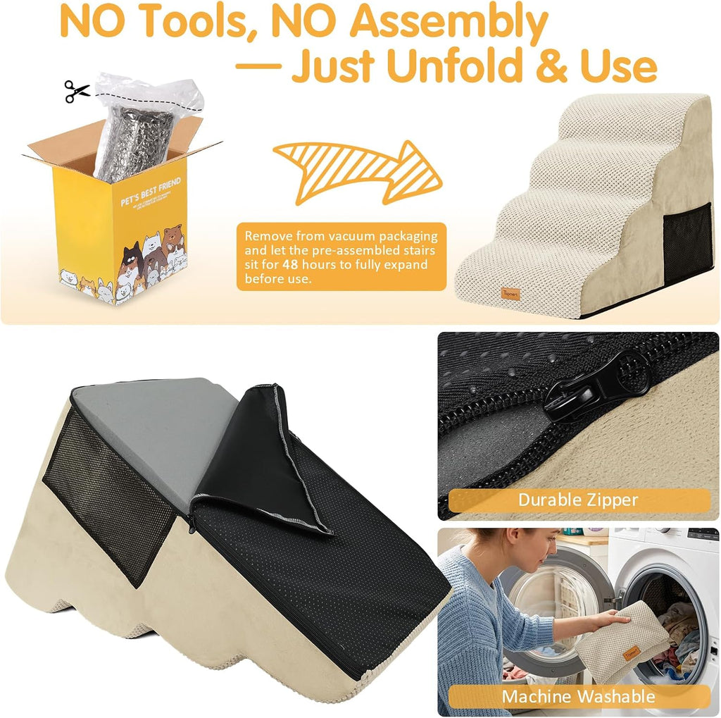Topmart High Density Foam Dog Stairs 4 Tiers,Extra Wide Deep Pet Steps