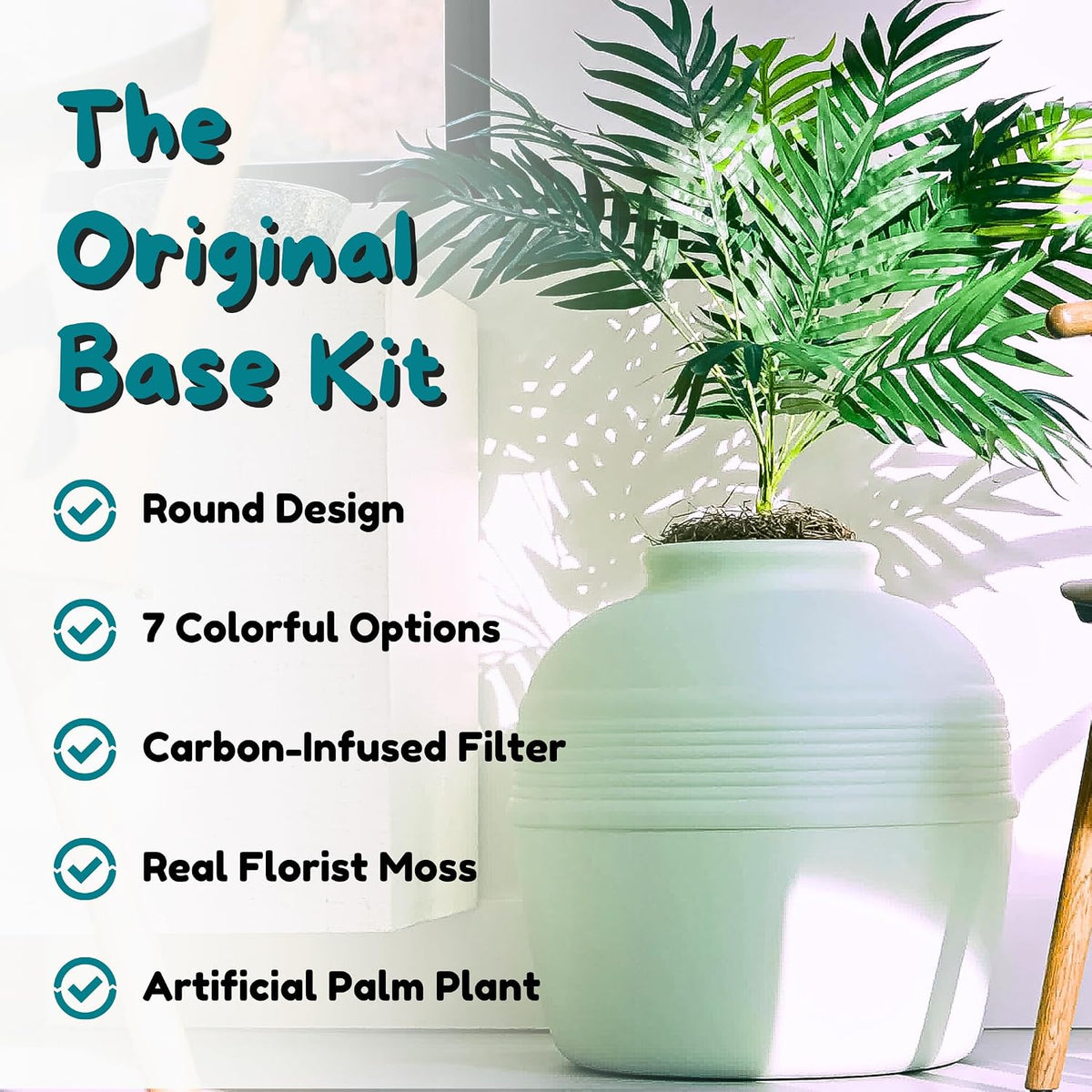Good Pet Stuff Original Hidden Litter Box Planter, Decorative Cat Litter Enclosure, Carbon Filter, Faux Plant, Round Design, Easy to Clean, Base Kit, Palm Plant, Mint Green