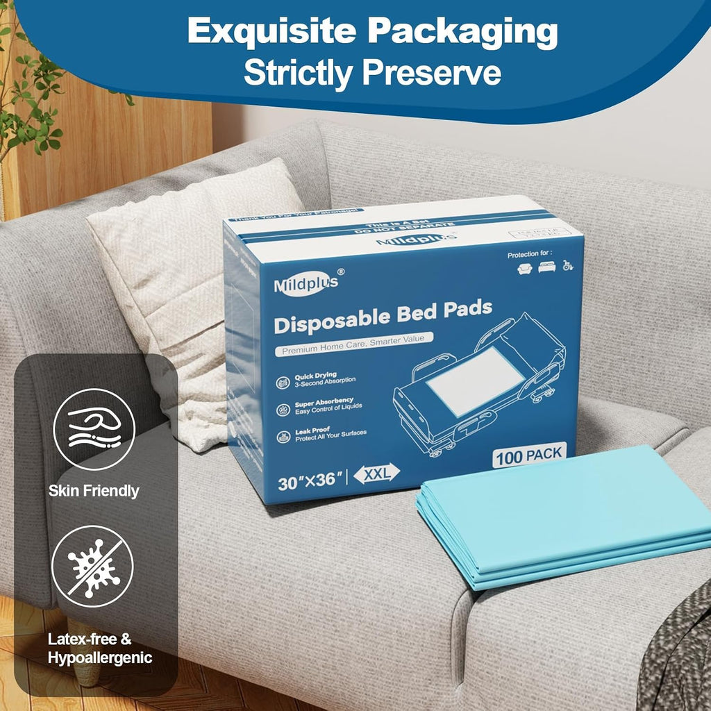 MILDPLUS 100 Count Disposable Bed Pads 30''X36'', Super Absorbent Underpads | Waterproof & Leakproof | Extra Large Chucks | Mattress Protector Pee Pads | Thicker Bed Pad for Adults, Elderly, Pets