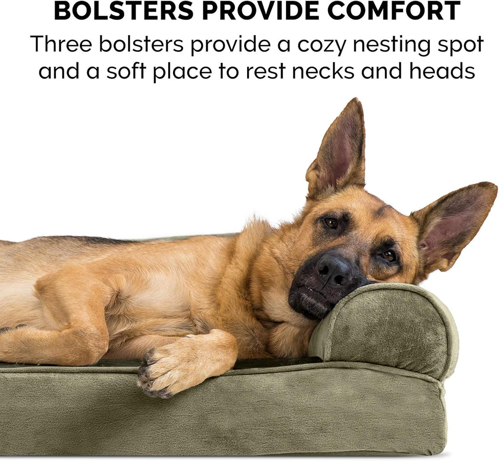 Furhaven Cooling Gel Dog Bed for Large Dogs w/ Removable Bolsters & Washable Cover, For Dogs Up to 125 lbs - Faux Fur & Velvet Sofa - Dark Sage, Jumbo Plus/XXL