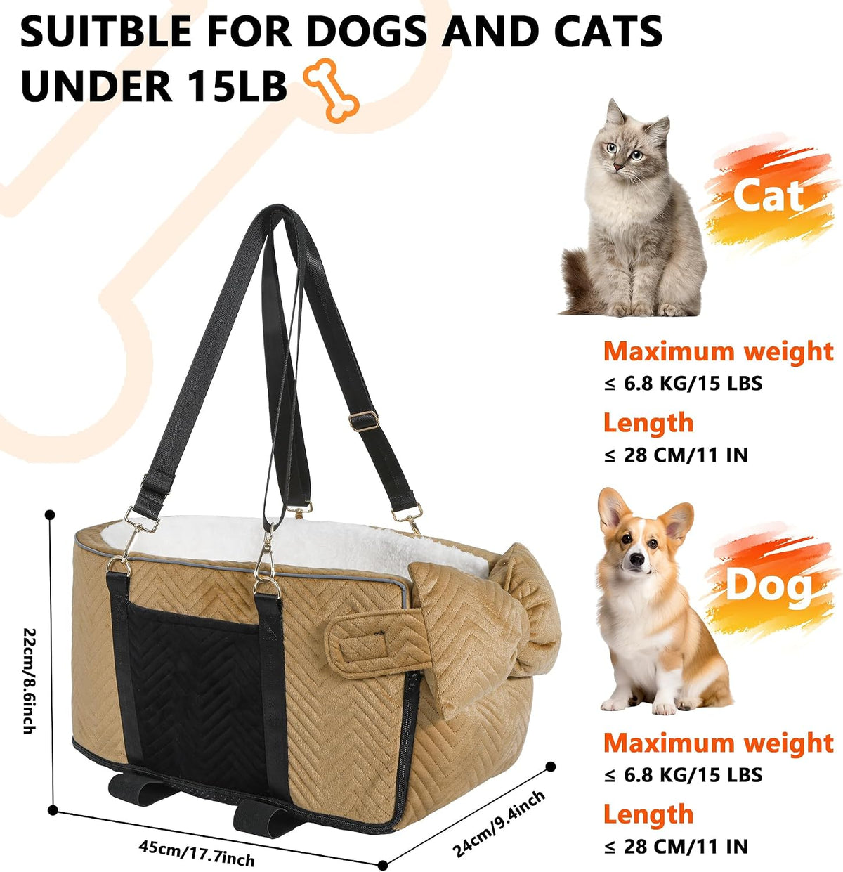 Dog Car Seat for Small Dogs Adjustable Portable Center Console Dog Car Seat Removable Cat Booster Cars Seats - Safety Belt with Cushion Anti-Collapse for Puppy Kitten Up to 15 Lbs