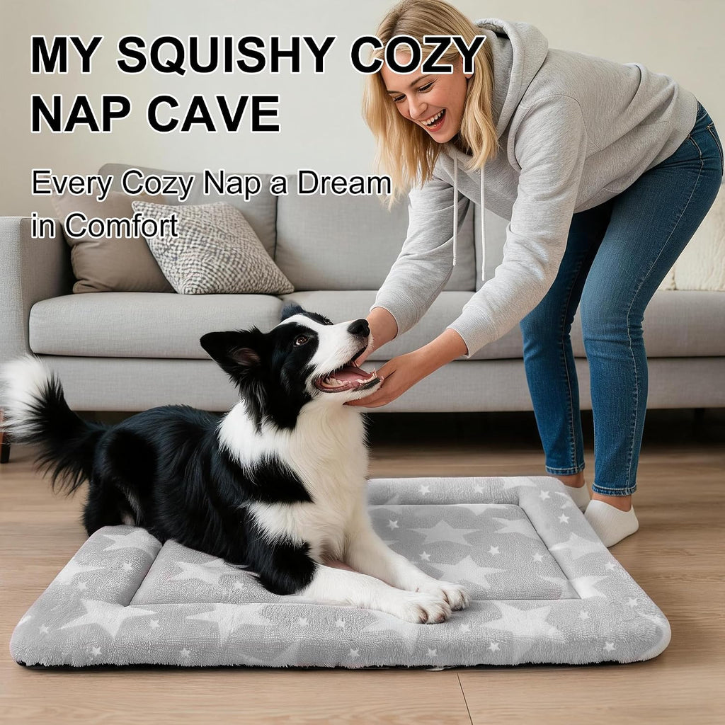 Dog Bed Mat, Reversible Crate Pad & Cute Dog Bed - Machine Washable Kennel Mat with Ultra Soft (Big&Small Stars Gray, 30" L*20" W*1.5" Th)