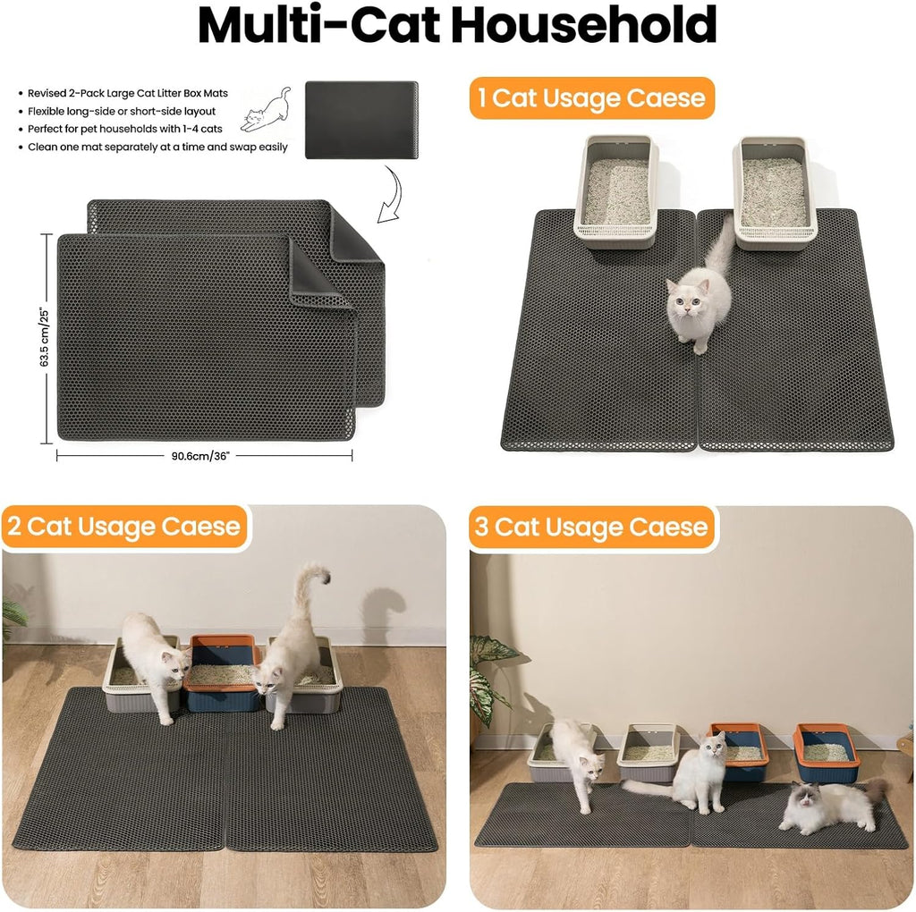 Litter Box Mat, 25x35in 2-Pack, Cat Litter Trapping Mat for Litter Boxes | Honeycomb Litter Mat, Litter Catching Mat, BPA-Free, Waterproof & Urine-Proof Cat Mat, Less Mess, Easy Lift & Clean, Gray