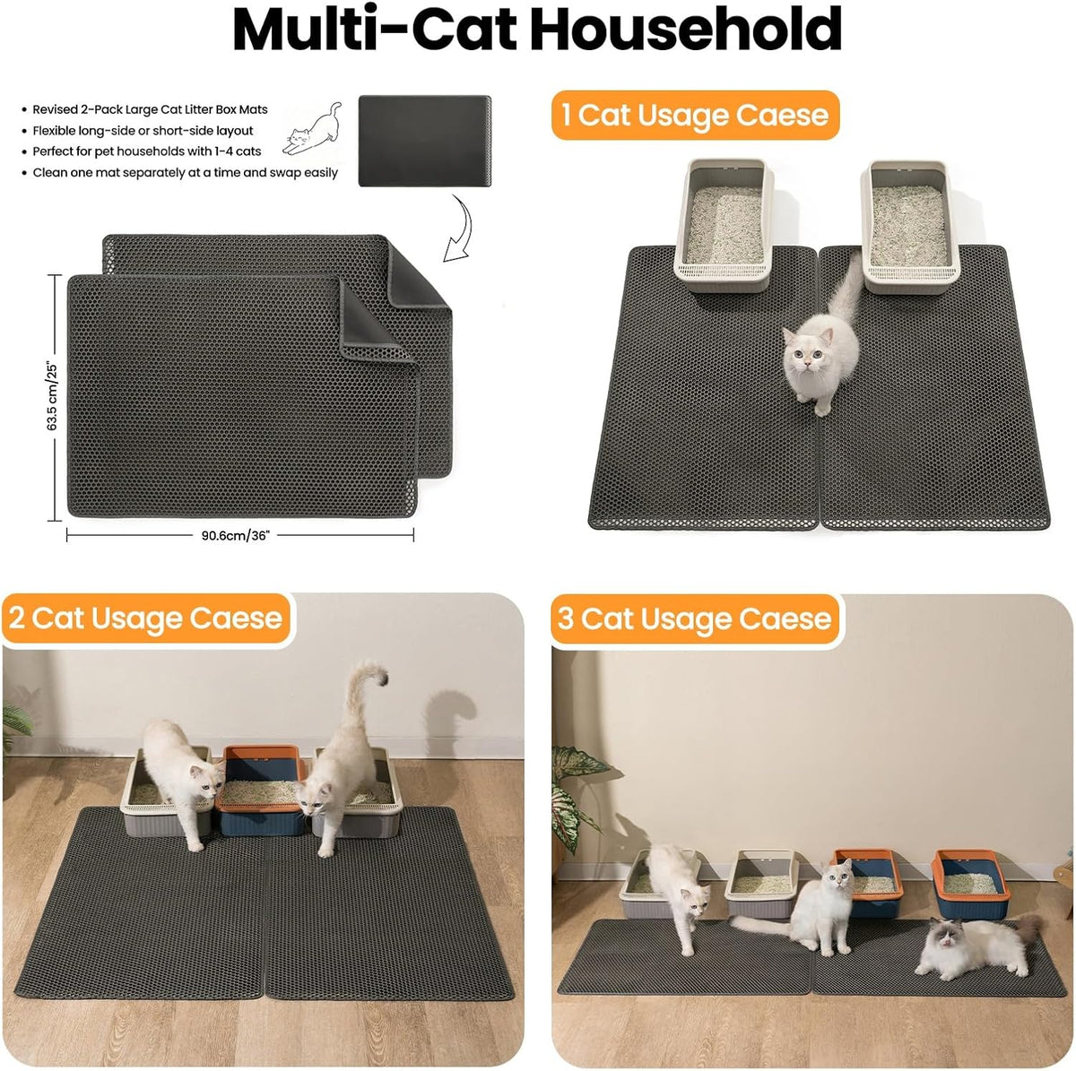 Litter Box Mat, 25x35in 2-Pack, Cat Litter Trapping Mat for Litter Boxes | Honeycomb Litter Mat, Litter Catching Mat, BPA-Free, Waterproof & Urine-Proof Cat Mat, Less Mess, Easy Lift & Clean, Gray