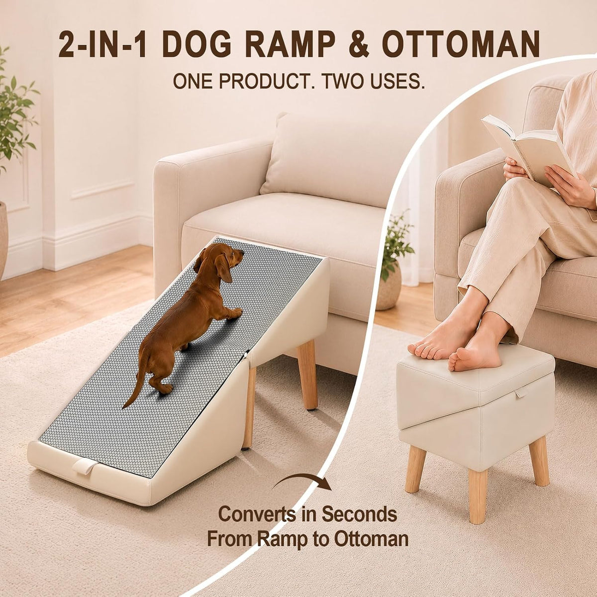 Dog Ramp for Couch and Bed, 16" High Foldable 2-in-1 Dog Ramp Ottoman, Solid Wood Frame with Non-Slip Mat, Easy to Assemble & Clean Pet Ramp, Pet Stairs Alternative Safe for Small Senior Injured Dogs