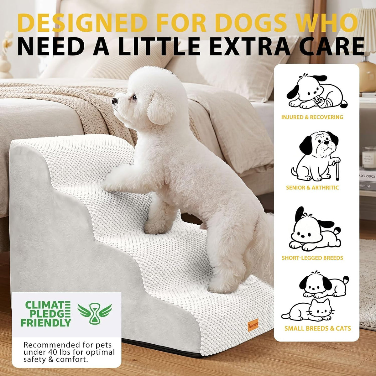 4-Step Dog Stairs for Small Dogs, Non-Slip Foam Pet Steps for High Beds