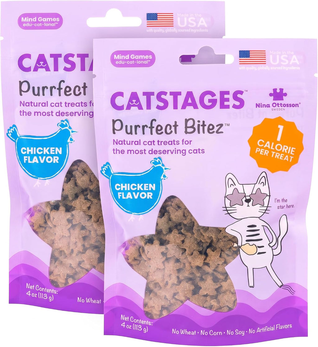 Catstages by Nina Ottosson Purrfect Bitez Natural Crunchy Cat Treats for Puzzles, Toys, Feeders, & Training, USA-Made, Real Chicken Flavor, 4oz (Pack of 2)
