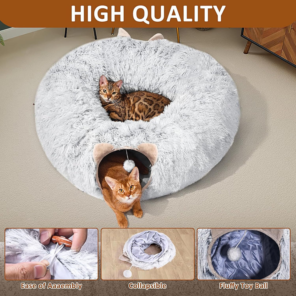 Cat Tunnel with Cat Bed for Indoor Cats, Under Christmas Tree Soft Plush Peekaboo Cat Cave Donut Tunnel, Multifunctional Playground Toys Hideplace for Kittens, Rabbit, Ferret (Grey)