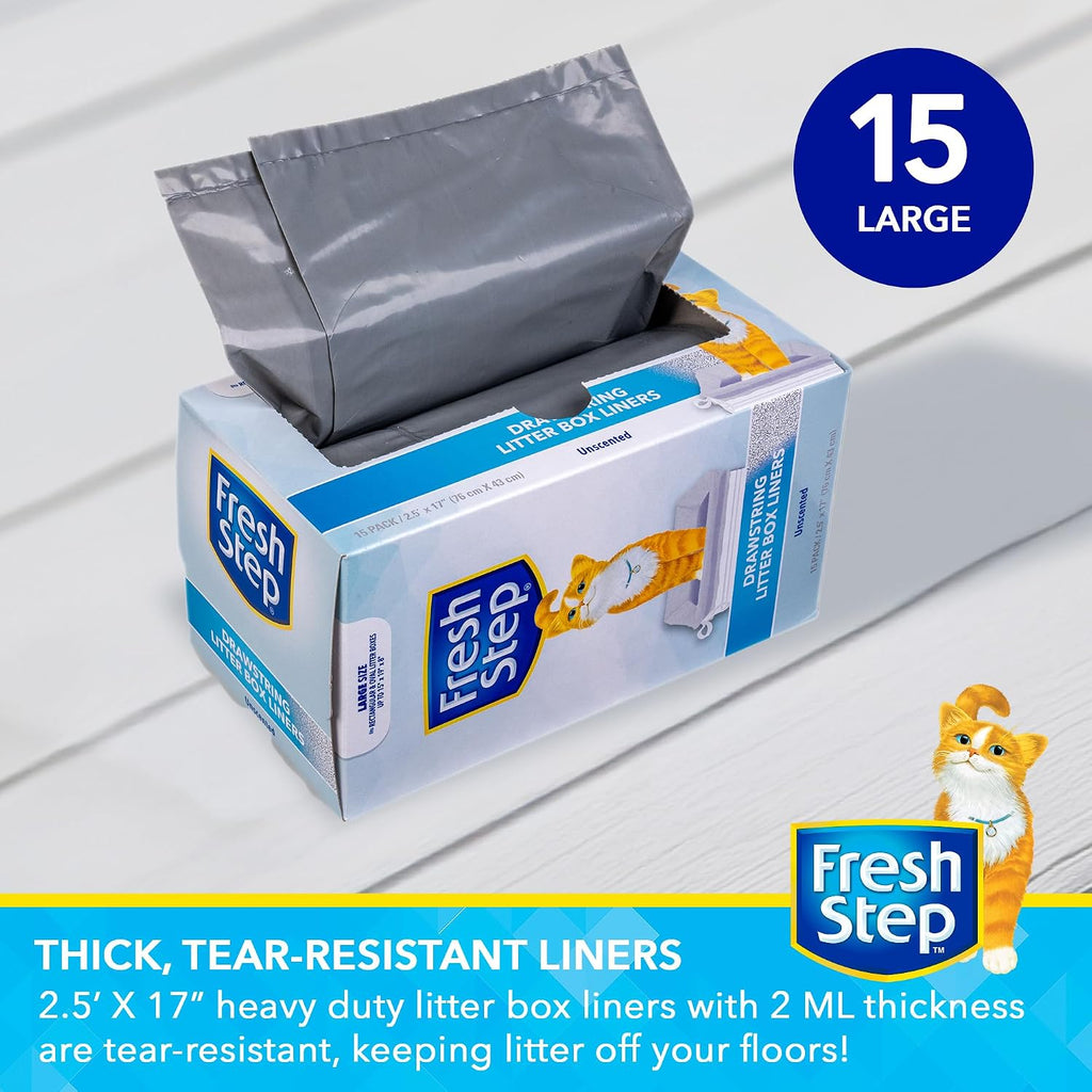 Fresh Step Drawstring Cat Litter Liners, 2.5 ft x 17 in, 15 Ct, 12-Pack | Heavy-duty bags, unscented, drawstring closure, large oval or rectangle pans