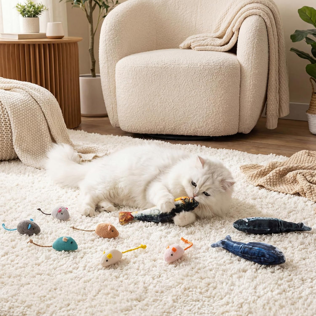 Leitee 12 Pack Cat Toys Plush Mice Flopping Fish for Indoor Cats Dogs