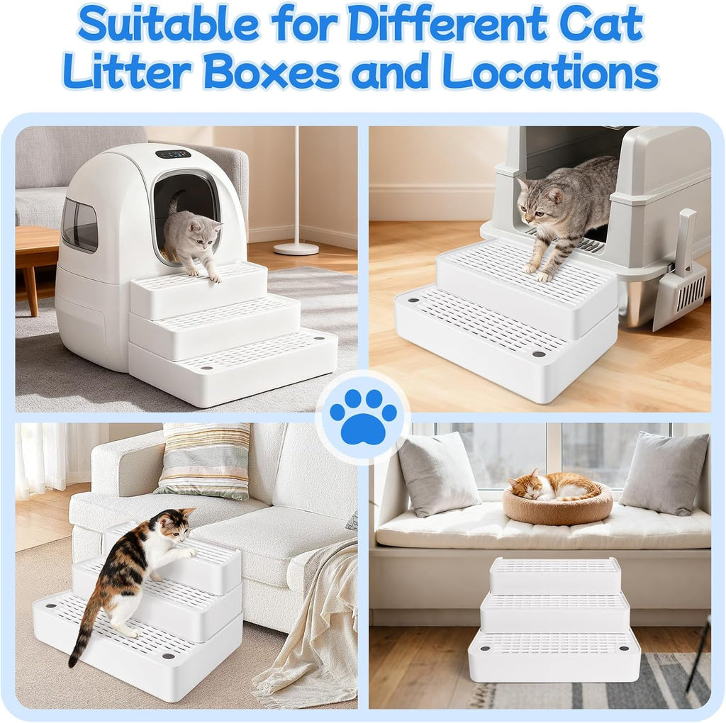 Extra Large 3 Steps Litter Box Ramp, Adjustable Cat Litter Box Step with Filter Function, Easy to Clean Cat Litter Stair Catcher for Elderly Cats and Kitten (White)